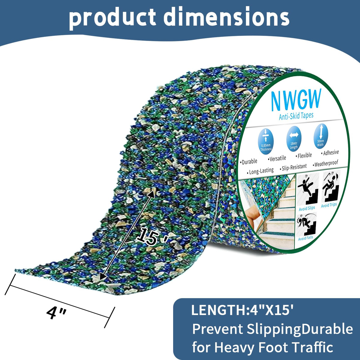 Heavy Duty Anti-Slip Tape for Pool Steps, 4" x15FT Blue Rubber Grip Traction Tape, Indoor/Outdoor Stairs, Waterproof Safety Grip Strips for Wet Areas, Showers, Tubs & Marine, Barefoot Friendly 4 IN Blue&Purple