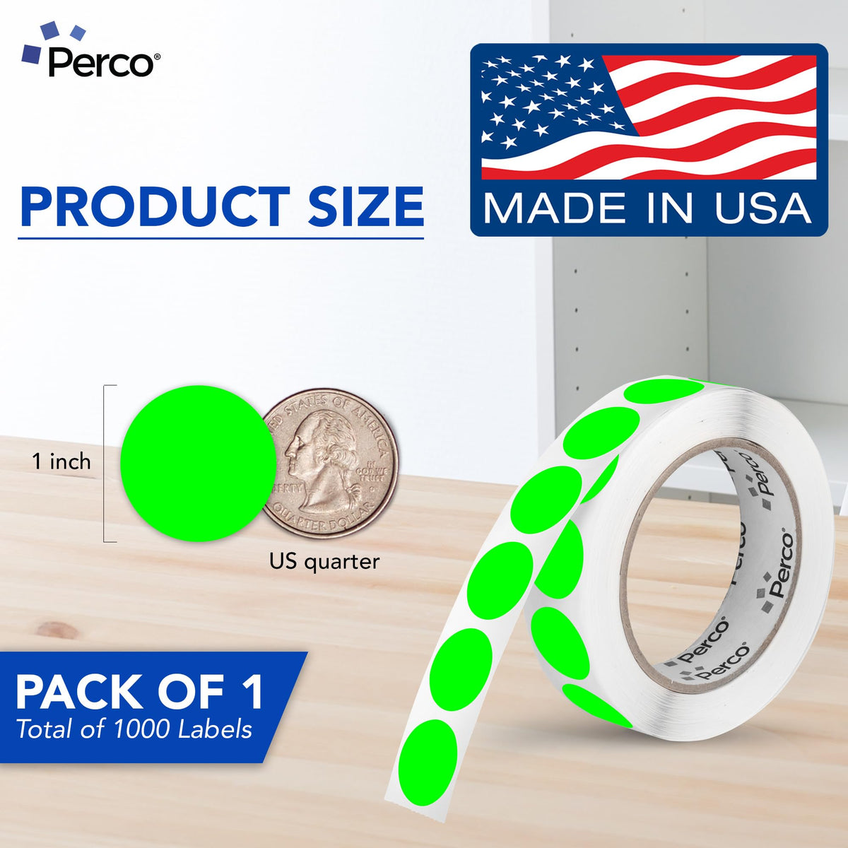 Perco Neon Green Round Circle Dot Sticker 1-Inch Labels with Easy-Tear Perforation, 1,000 Stickers per Roll - in Stock, Approved & Available Labels, High Visibility, Strong Adhesive—Made in USA Green - Neon 1 Inch 1 Roll