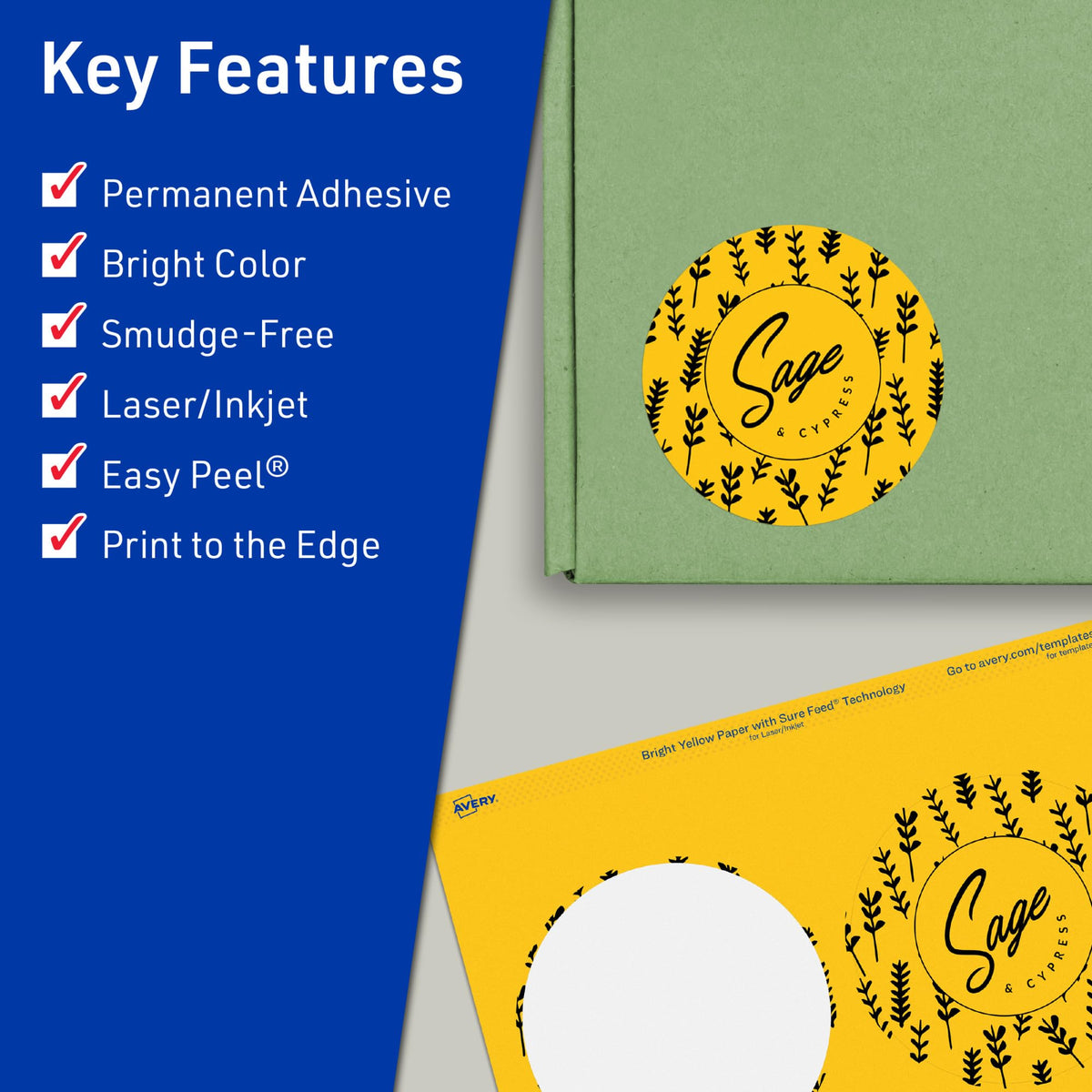 Avery® Printable Round Labels, Sure Feed® Technology, 3-1/2" Diameter, Bright Yellow Labels, Print-to-The-Edge, Laser/Inkjet Printable, 80 Total, Great for Packaging and Candles 80 labels