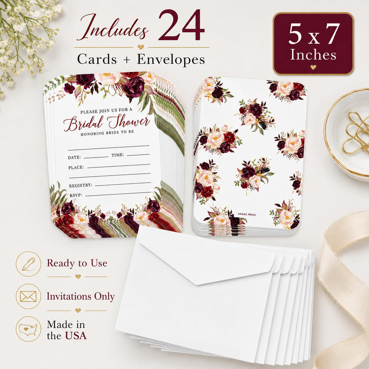 Andaz Press Fall Autumn Burgundy Maroon Floral Flowers, 5X7-Inch Fill in The Blank Bridal Shower Invitations with Envelopes, 24-Pack, Includes Cards & Envelopes Fall Bridal Shower Invitations