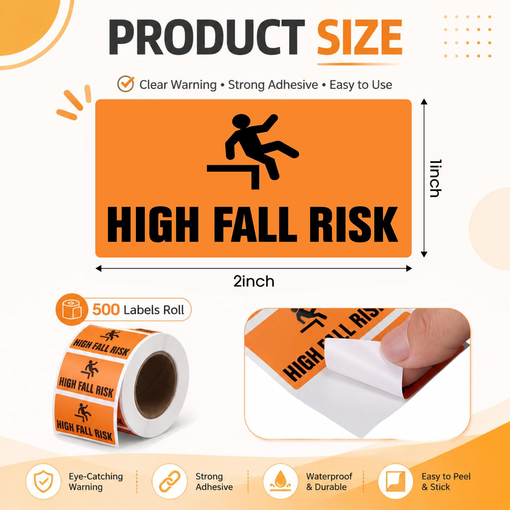 Marspark Roll of 500 High Fall Risk Stickers for Medical Charts, 2" x 1"