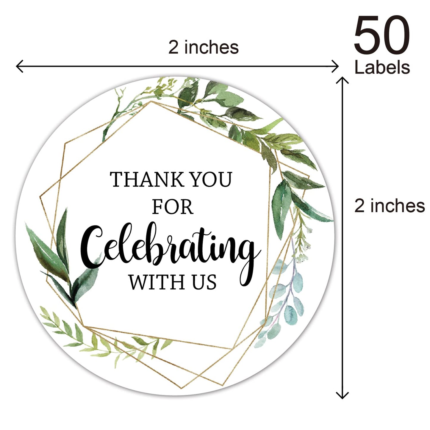Greenery Thank You Stickers, 2-inch Round, 50-Pack Paper, Matte Finish, Easy to Peel and Stick, Wedding, Baby Shower, Party Favor, Gift, Card Decoration, Green