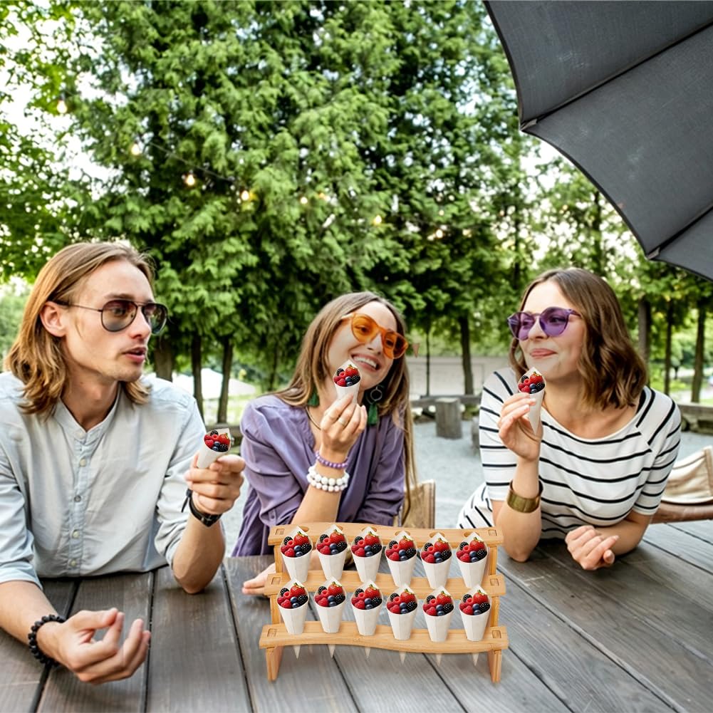 BENECREAT Ice Cream Cone Holder Stand, 12.99x7.36x5.71inch Food Display Rack for Catering Events Natural Wood Cone Display with Sturdy Construction for Parties and Buffets