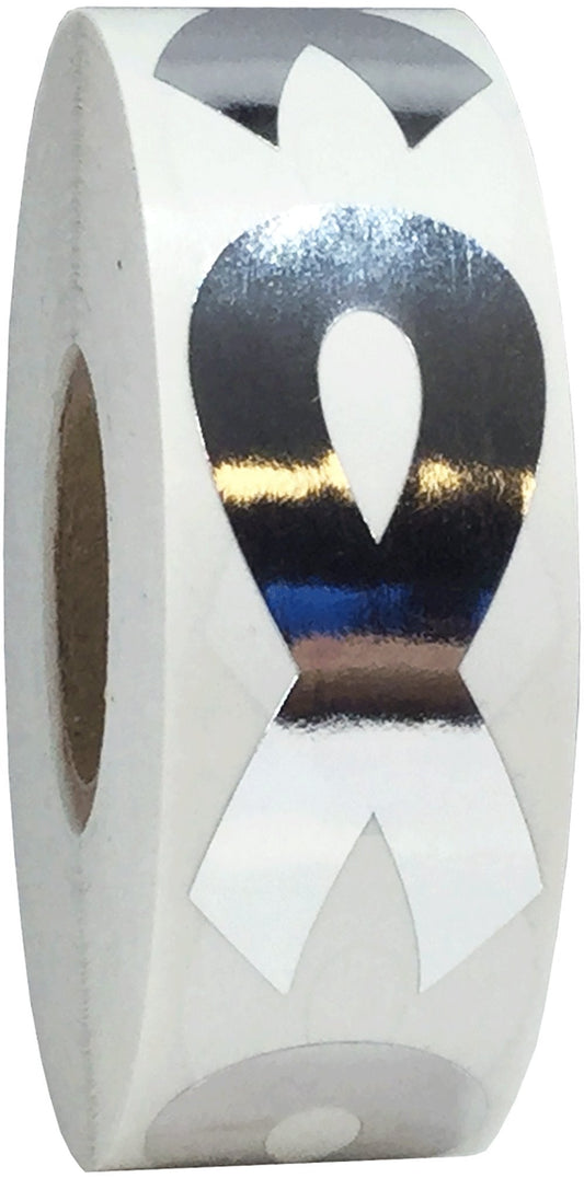 Metallic Silver Awareness Ribbon Stickers 2 Inch 500 Total Adhesive Labels