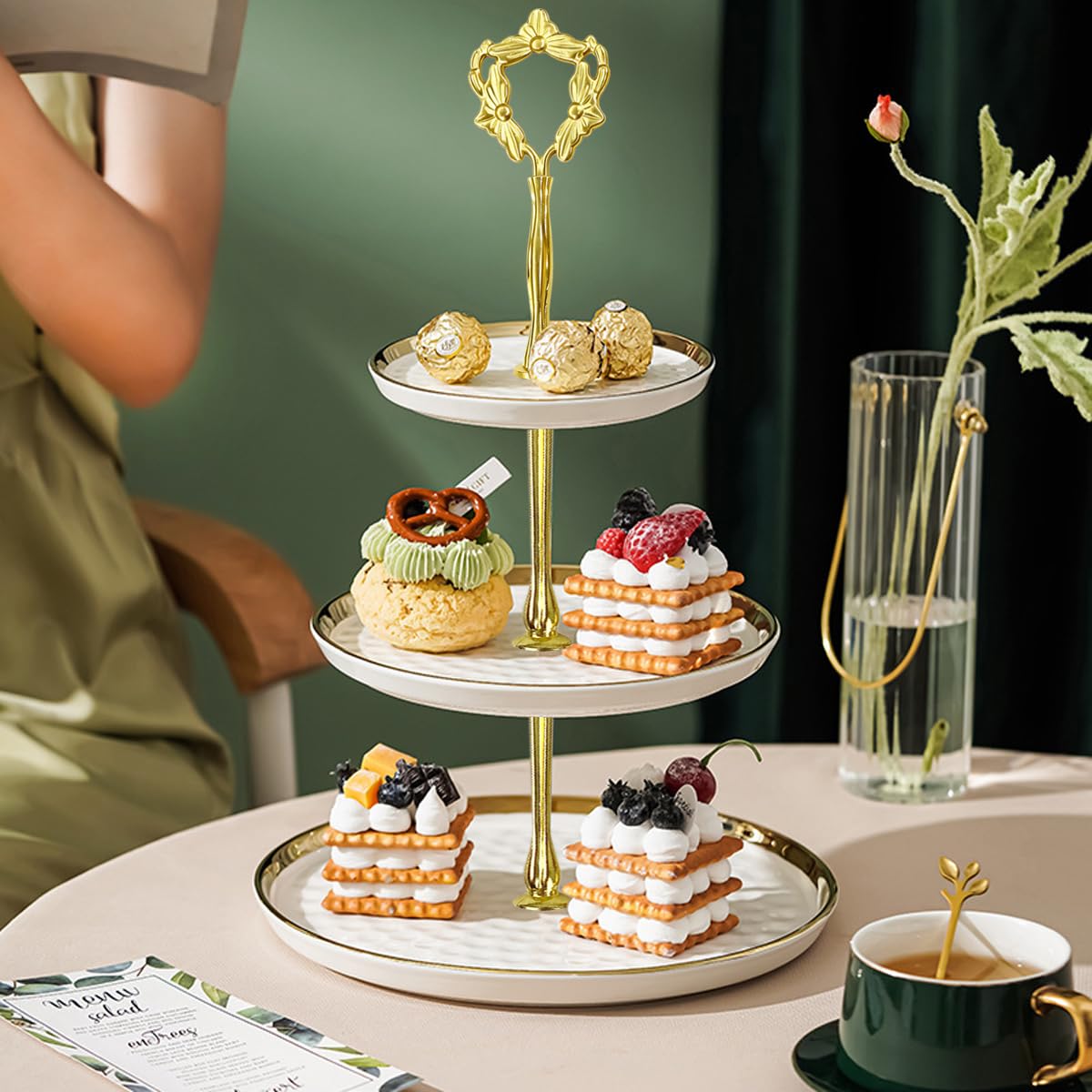 8 Sets 13.5’’ 3-Tier Cake Tray Stand Handle, Multi-Tier Metal Dessert Fruit Center Rod Heavy Duty Hardware Holder for Wedding Party Birthday Cupcake Platter Stand Fittings - Gold Flowers