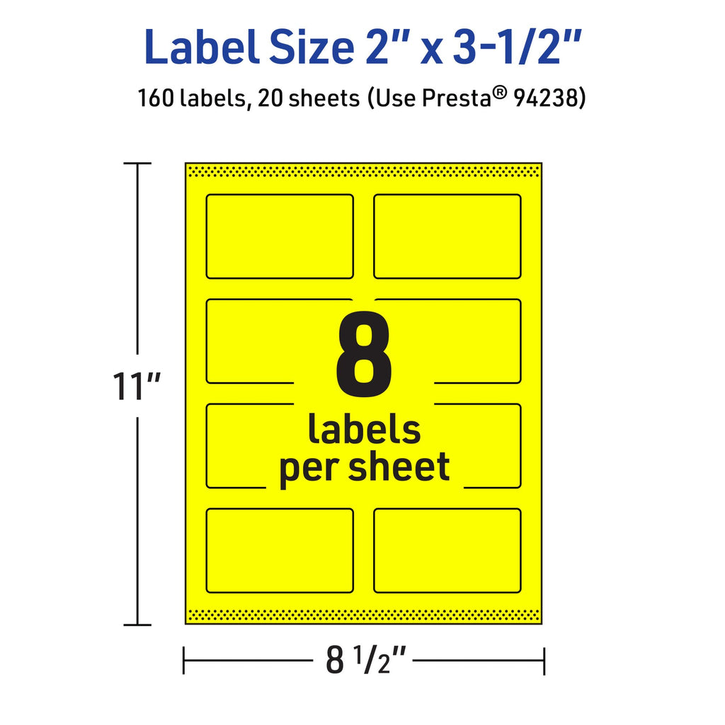 Avery Printable Rectangle Labels, Sure Feed Technology, 2" x 3-1/2", Neon Yellow Labels, Print-to-The-Edge, Laser/Inkjet Printable, 160 Total, Great for Mailing and Candles 160 labels