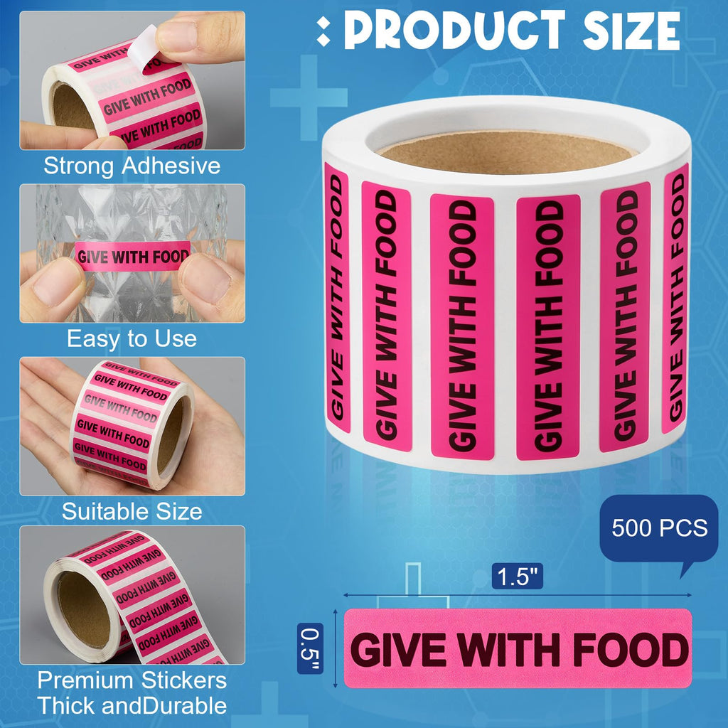 Affrolling Give with Food Veterinary Labels Stickers 0.375” x 1.625”, 500 Labels/1 Roll, Fluorescent Pink Medication Instruction Labels Sticker for Medical Veterinary Clinic Hospital Pet Care Supplies