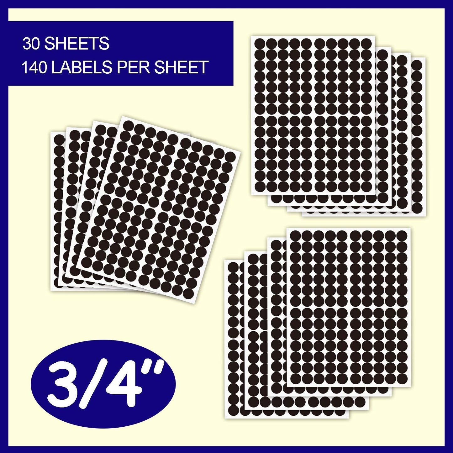 4200 Pcs 3/4" Round Color Coding Circle Dot Labels, Black 0.75 in Circle Dot Stickers - Print or Write - 8 1/2" x 11" Sheet （ 30 Sheet ） 4200 Pack
