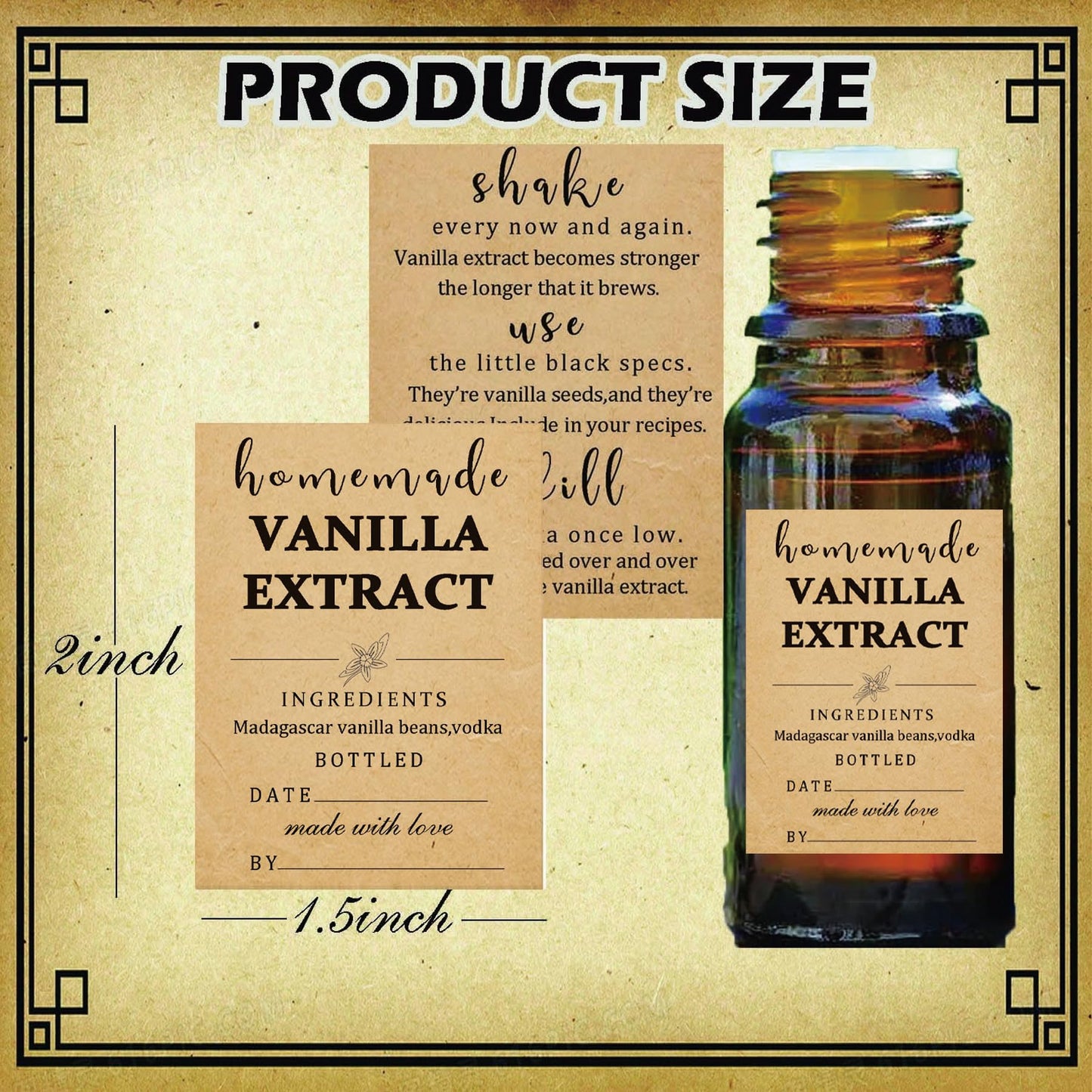 48 Pack Kraft Homemade Vanilla Extract Stickers 1.5×2 inch Square Vanilla Instruction Labels Madagascar Vanilla Beans and Vodka Extract Stickers for Handcrafted Vanilla Bottles,Jar Kitchen Pantry