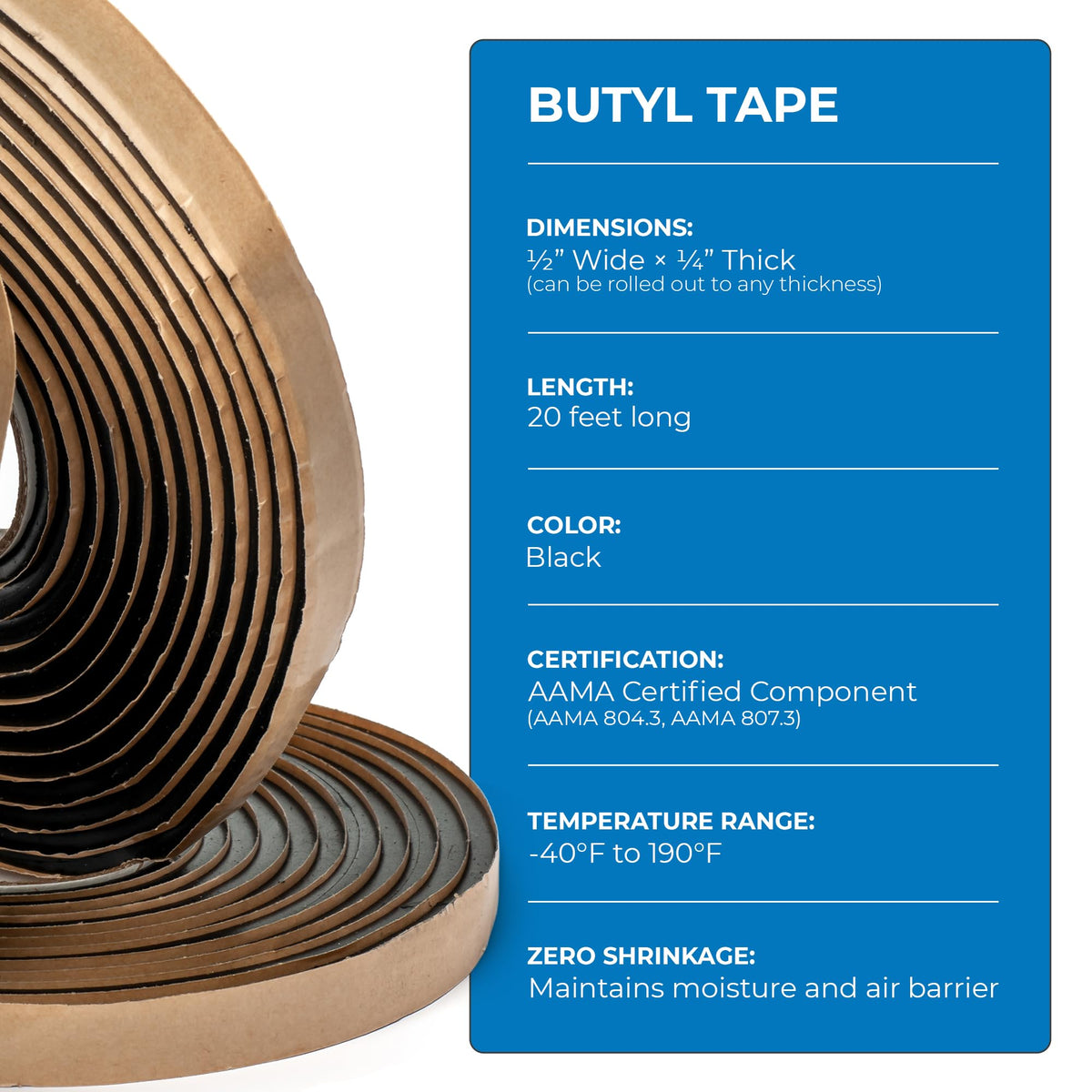 Second Skin Butyl Tape – 1 Roll (20ft x 1/2” x 1/4”) | Black Butyl Sealant Tape for RV, Auto, Marine, Headlight Repair, Window Glazing Tape | Weatherproof & Waterproof, Indoor & Outdoor, Made in USA 1 Butyl Tape