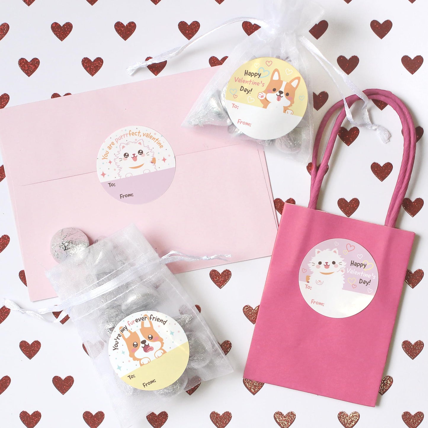 Furever Friends Valentine's Day Stickers for Kids, Cat and Dog to from Valentine Label Stickers - 40 Count