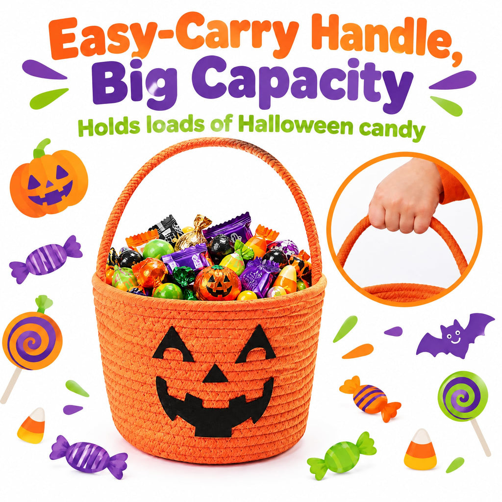 Halloween Basket, Woven Cotton Rope Pumpkin Pail with Handle white yellow