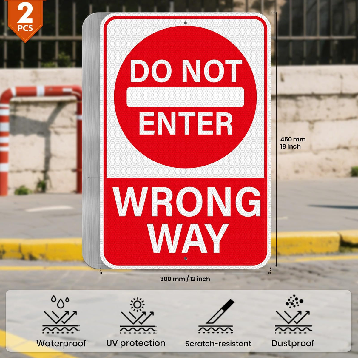2 Pack Do Not Enter Wrong Way Sign 18 × 12 Inches Reflective Waterproof Fade Resistant Rust Free Aluminum Metal Warning Signage with Pre-Drilled Holes for Roads Driveways Parking Lots