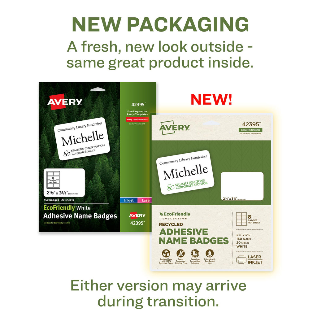 Avery® EcoFriendly Recycled Name Tags, 2-1/3" x 3-3/8", White, Removable Adhesive, 160 Printable Name Badges (42395) 2-1/3" x 3-3/8" 160 badges