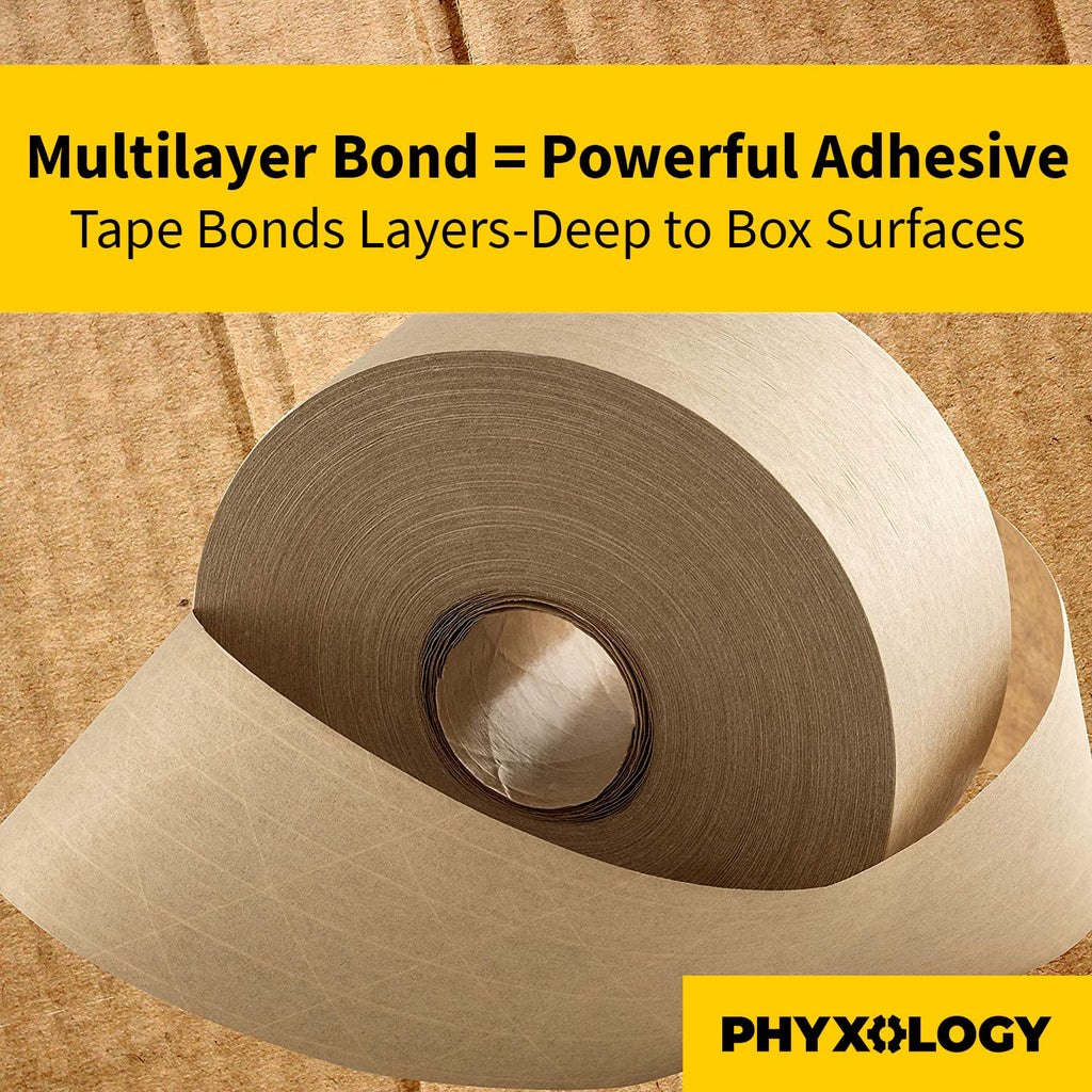 Ultra Durable Water-Activated Tape for Secure Packing. 2.75 in, 450 Ft Brown Kraft Gum Tape Provides Heavy Duty Adhesive for Packaging and Shipping. Fiberglass Reinforced for Extra Strong Bond. 1