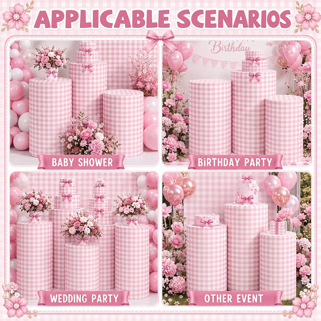 Tigeen 3 Pcs Cylinder Pedestal Stand Covers, Gingham, Pink and White