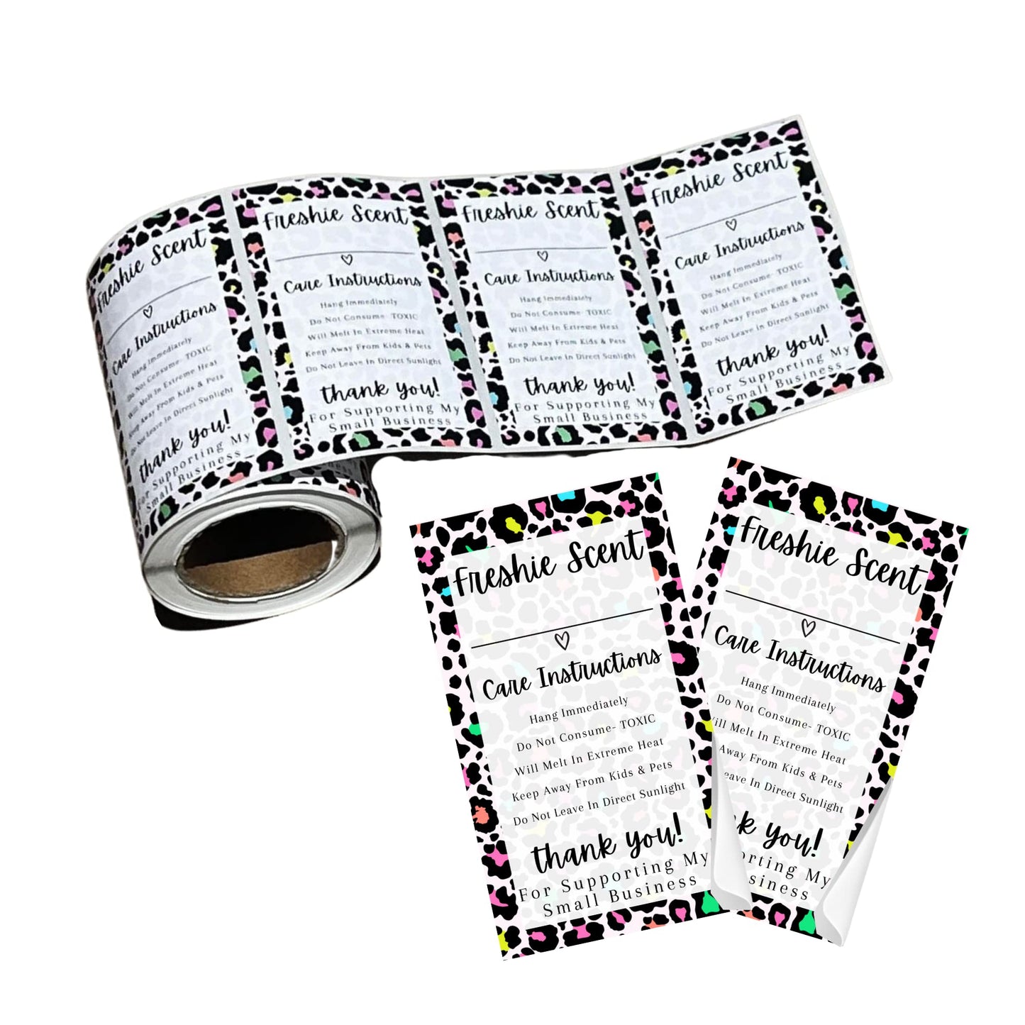 Freshie Warning Care Instruction Card Stickers | 200 Sticker Roll | 2x3.5” Write in Your Scent Line Rainbow Leopard Pink for Scented Bead Molds Aroma Oil Freshie Silicone It’s Getting Hot Labels