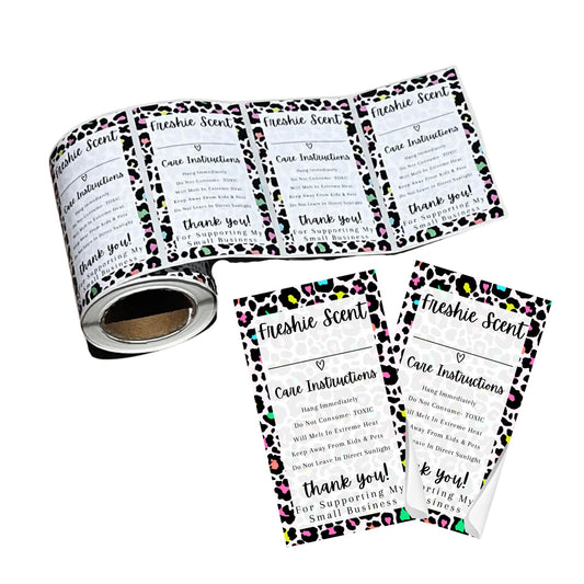 Freshie Warning Care Instruction Card Stickers | 200 Sticker Roll | 2x3.5” Write in Your Scent Line Rainbow Leopard Pink for Scented Bead Molds Aroma Oil Freshie Silicone It’s Getting Hot Labels