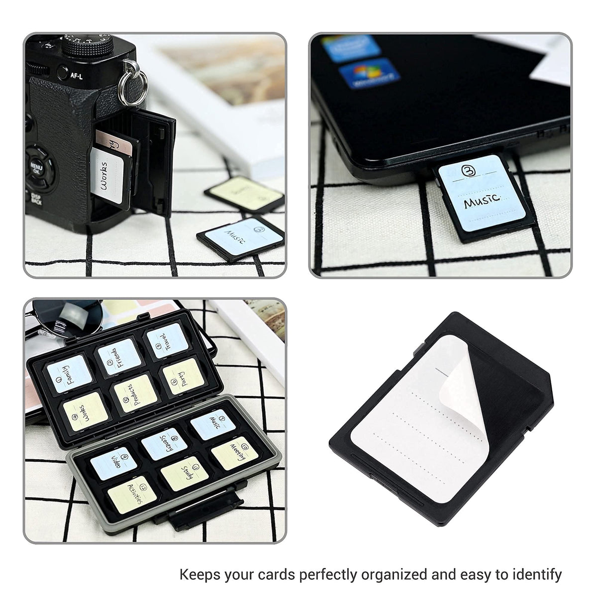 Kiorafoto 120-pack printable adhesive labels for SD, microSD, CF, XQD, and USB flash drives, featuring writable surface for easy labeling.