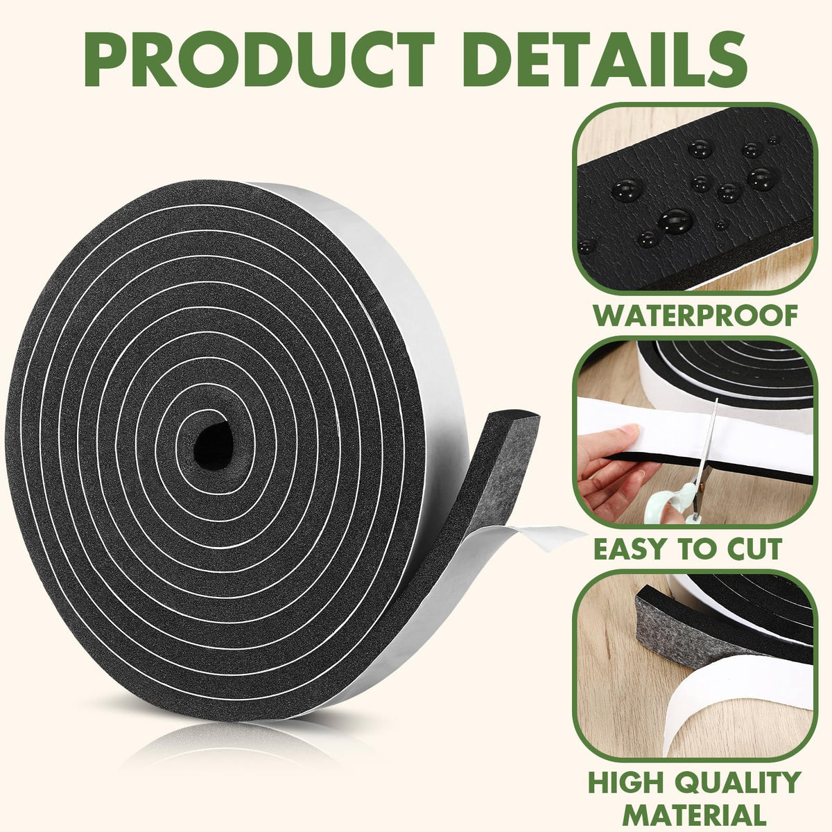 Nuanchu Foam Insulation Tape 1-1/2in Wide x 1/2in Thick x 16.5ft Stripping Neoprene Long Sponge Weather Stripping Foam Strips with Adhesive for Door, Automotive, Air Conditioner Seal(1)