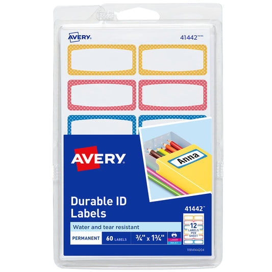 Avery Durable Labels for Kids' Gear, 3/4" x 1-3/4", Assorted Border Colors, Water-Resistant Labels, Writable and Printable Labels, 60 Labels Per Pack, 3-Pack, 180 Rectangle Labels Total (31442) 3 Pack