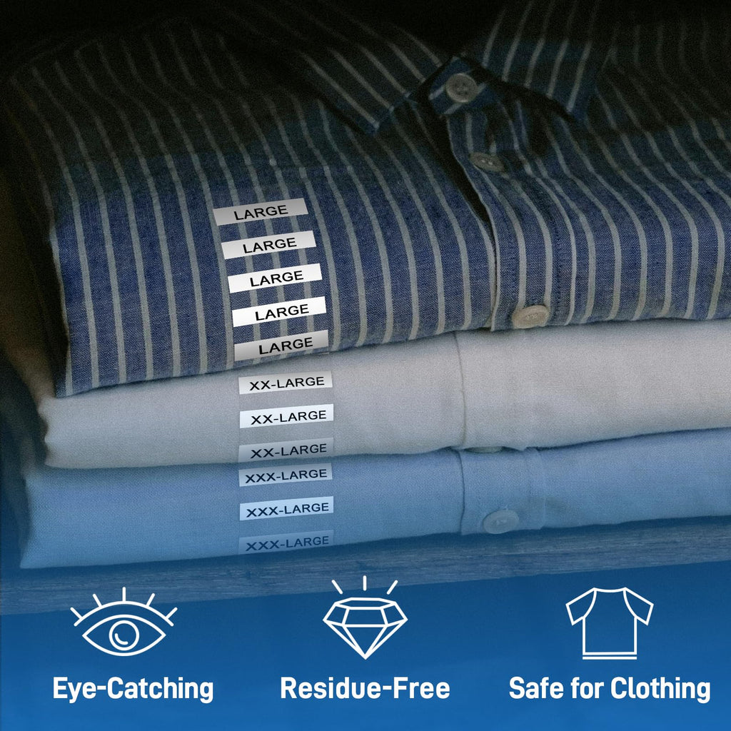 1.25"x5" 1750 Pcs Clear Tshirt Size Stickers Strips for Clothing, XS-XXXL 7 Rolls