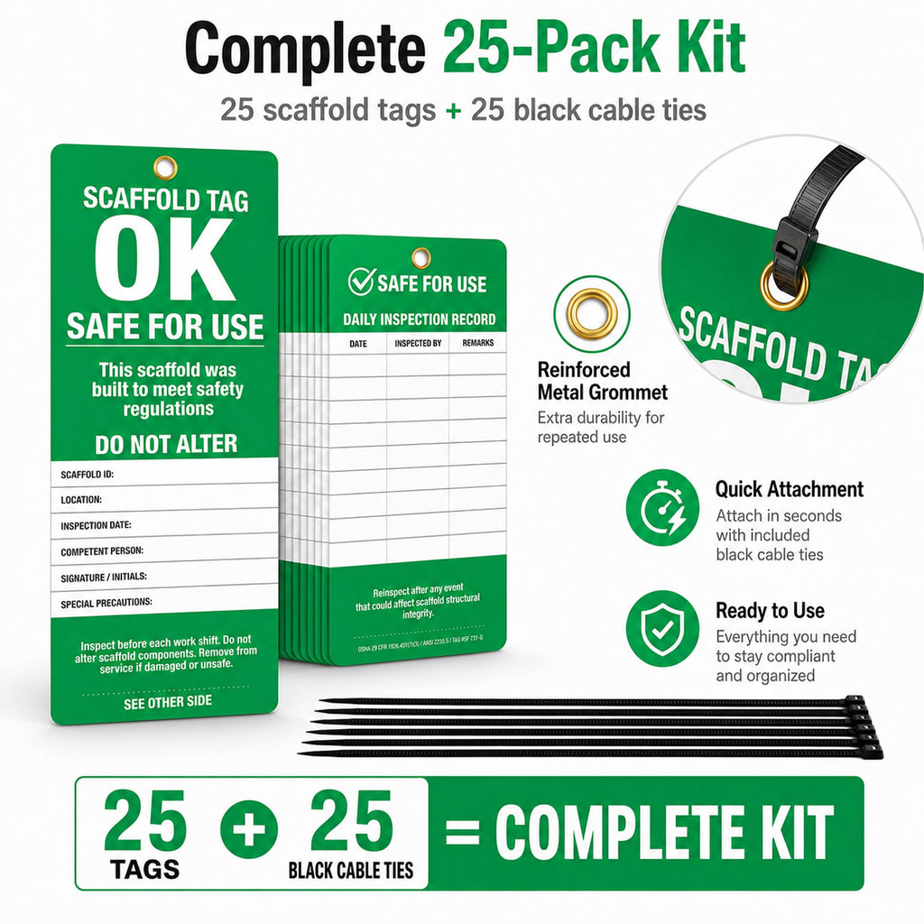 Scaffold Inspection Tags 25 Pack, OSHA Green Safety Tags with Cable Ties
