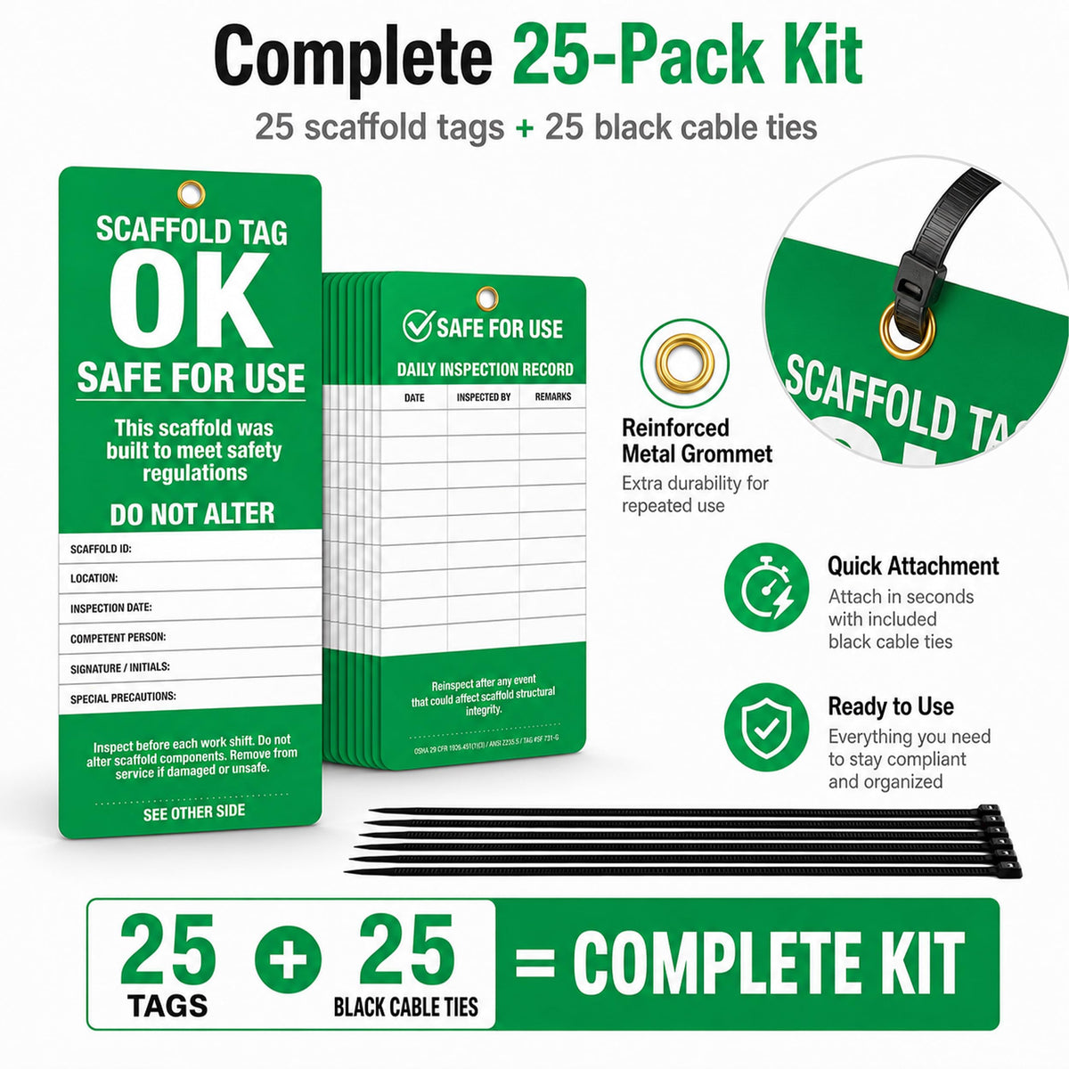 Scaffold Inspection Tags 25 Pack, OSHA Green Safety Tags with Cable Ties