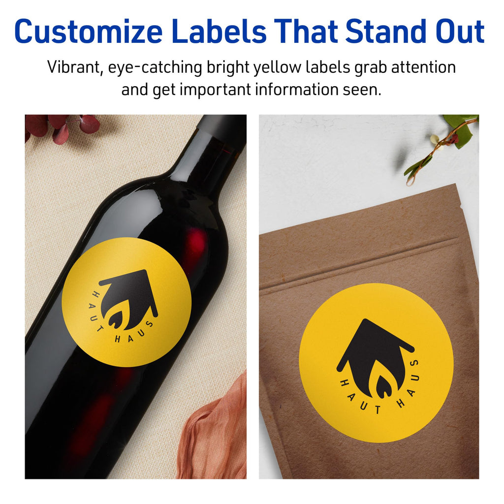 Avery® Printable Round Labels, Sure Feed® Technology, 3-1/2" Diameter, Bright Yellow Labels, Print-to-The-Edge, Laser/Inkjet Printable, 80 Total, Great for Packaging and Candles 80 labels