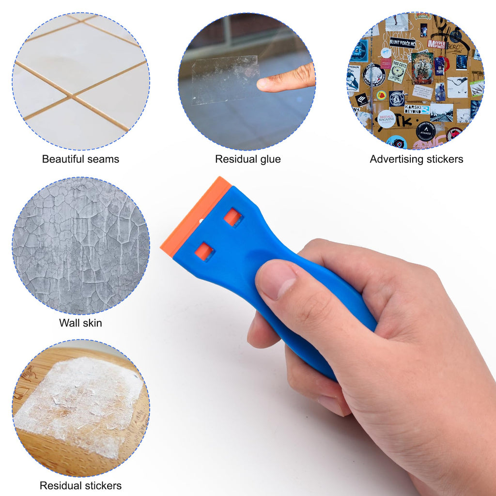 CADONO 2-piece plastic razor blade scraper with 12 replacement blades, ideal for removing decals, paint, and adhesive from surfaces.