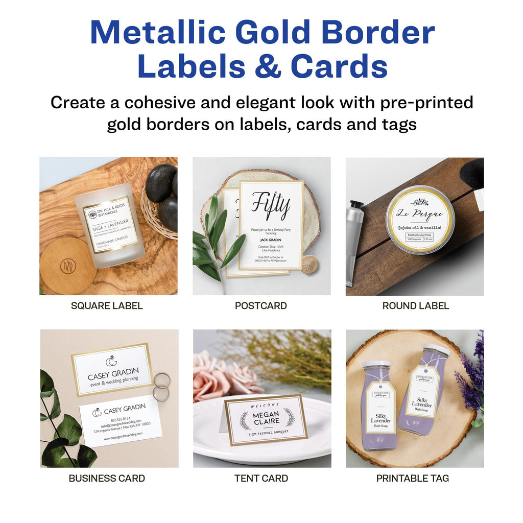 Avery Matte White Labels, Metallic Gold Borders, 3" Round Labels, 60 Total, Laser/Inkjet Printable (6544) 10 Sheets 3"