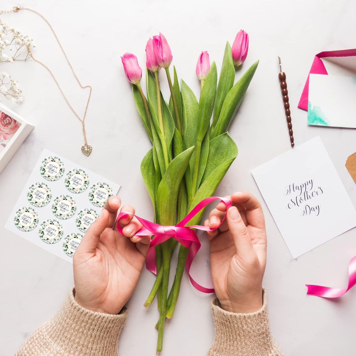 Mobiusea Creation Mothers Day Stickers | 90-Pack Stickers for Mom's Gifts and Mom's Card | 1.4 inch | Gold Foil | Happy Mother's Day Sticker | Greenery Floral Happy Mother's Day Labels