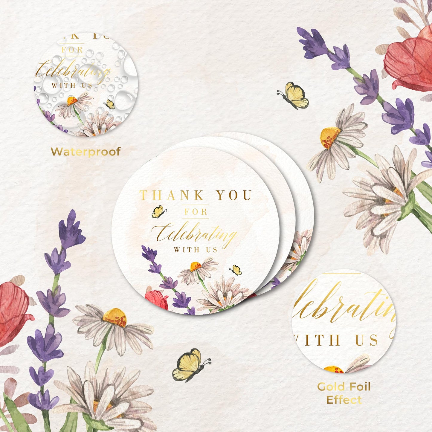 Country Wild Floral Wedding Thank You Labels Thank You for Celebrating with Us Stickers | 2 inch | Gold Foil | 60pcs Waterproof Favor Labels for Wedding, Bridal Shower, Baby Shower