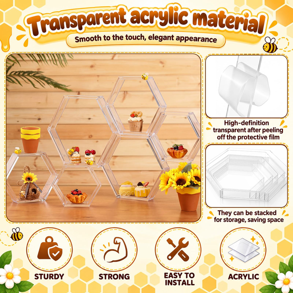 Xuhal 10 Pcs Acrylic Honeycomb Decorations, 5 Sizes Clear Hexagon Stands