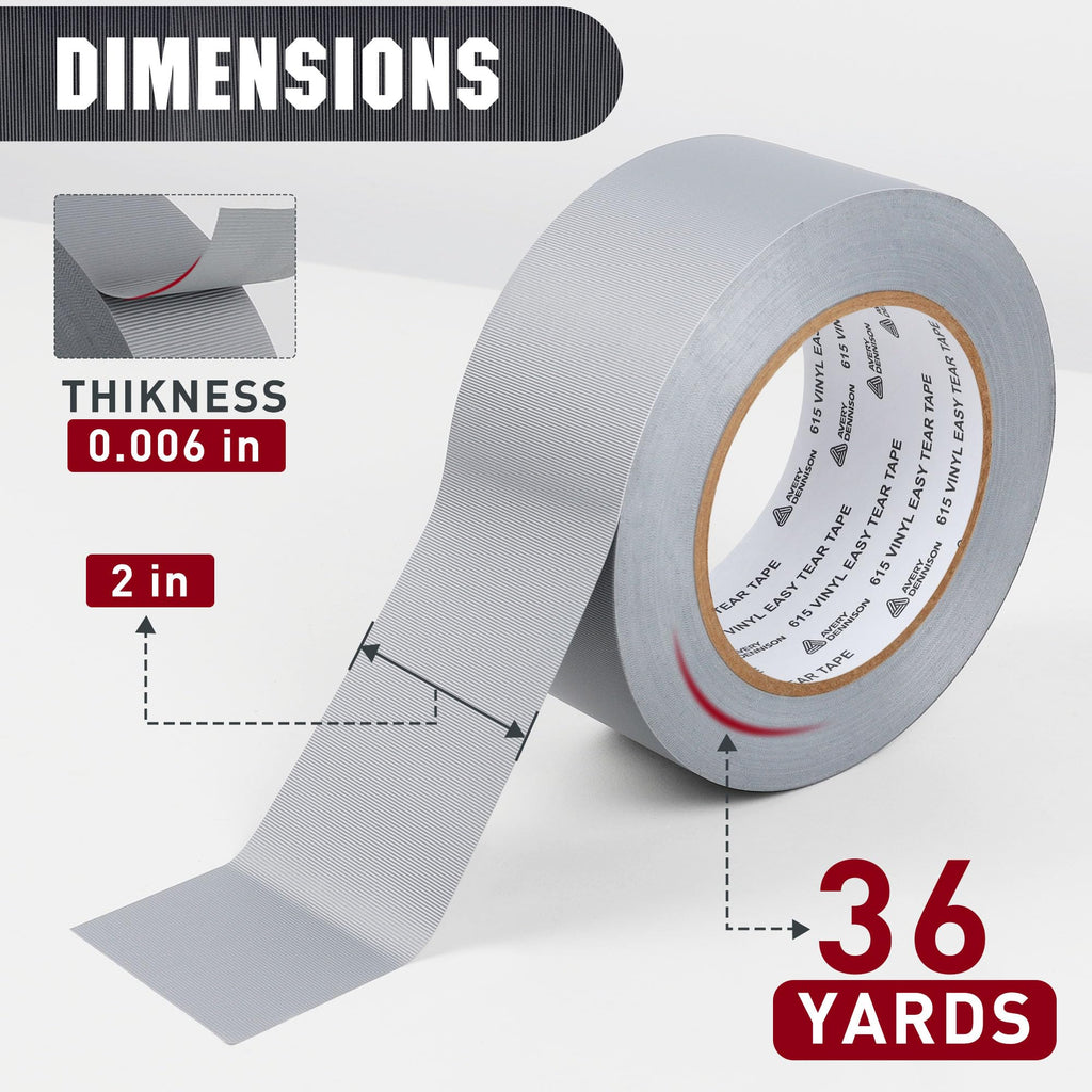 Avery Dennison Duct Tape, Heavy Duty PVC Easy Tear Tape, Strong Adhesive Waterproof Duct Tape for Indoor Outdoor Repairs, 2 in x 36 Yard, Silver, 1 Roll 2 in x 36 Yard(615)