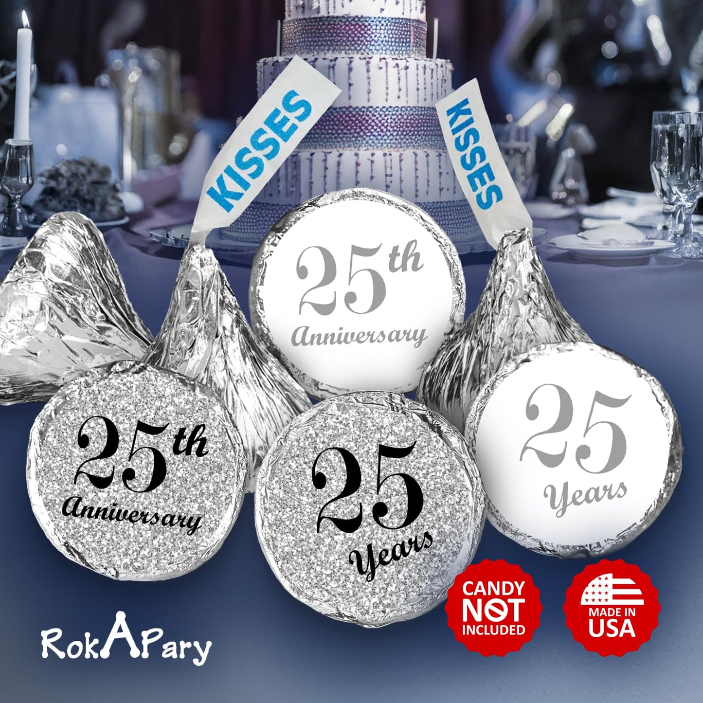 25th Anniversary Kisses Stickers, (Set of 216) Chocolate Drops Labels Stickers for 25th Wedding Anniversary, Party Favors Decor for Kisses. Made in USA