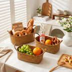 Elsjoy Set of 3 Woven Seagrass Baskets with Handles, Oval Wicker Woven Storage Baskets, Rattan Shelf Basket for Fruit, Bread, Kitchen