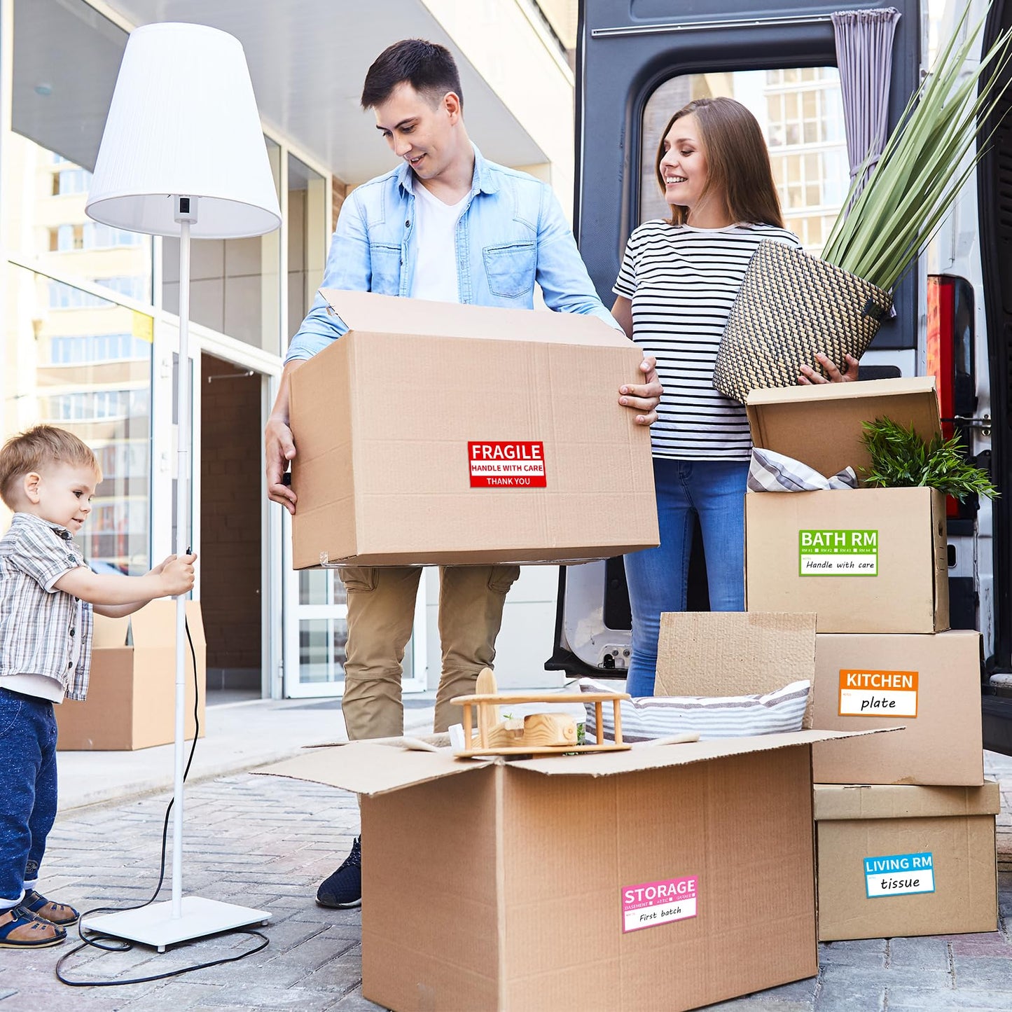 170 Home Moving Labels, 3.4 x 2 inches, 8-Color Coded Packing Box Stickers with Fragile and Blank Customizable Labels 170