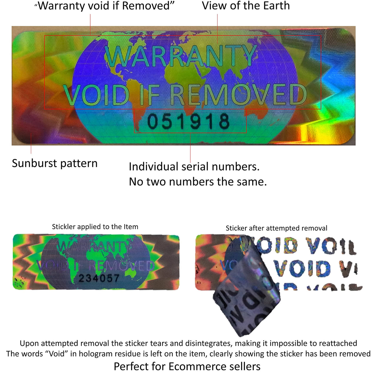700 Hologram Tamper Evident, Tamper Proof Stickers. Warranty Void If Removed. Individual Serial Numbers. Tamper Foil Tape Labels. Destroyed Upon Removal with Residual Text Left on Item. (700 Stickers) 700 Stickers