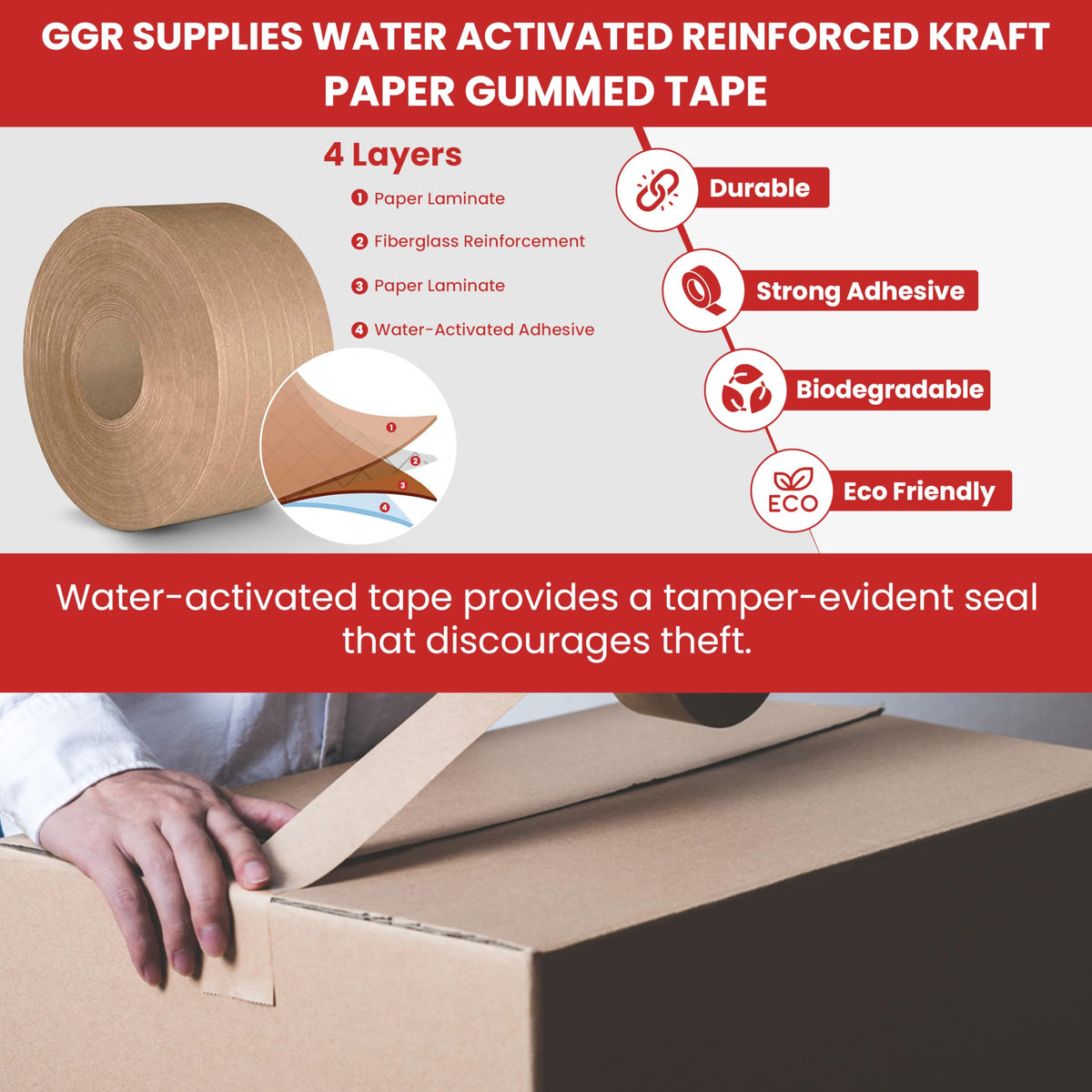 GGR Supplies T.R.U. WAT-WAE Water Activated Reinforced Kraft Paper Gummed Tape – Tamper Evident Packing Tape for Shipping, Moving & Carton Sealing, 2.75 in x 375 ft. 3 in. x 375 ft. (Pack of 1)