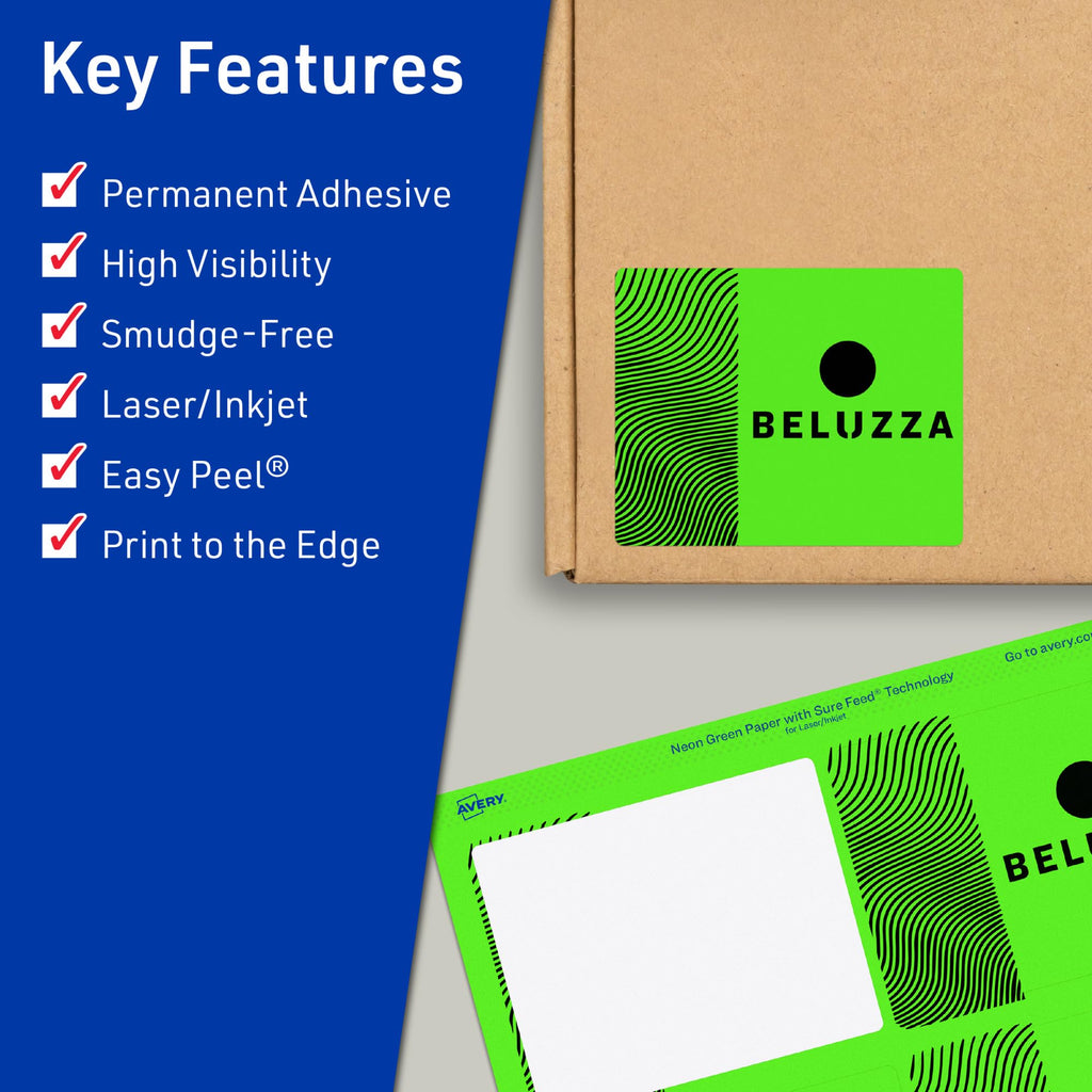 Avery® Printable Rectangle Labels, Sure Feed® Technology, 3" x 3-3/4", Neon Green Labels, Print-to-The-Edge, Laser/Inkjet Printable, 120 Total, Great for Candles and Ingredients 120 labels