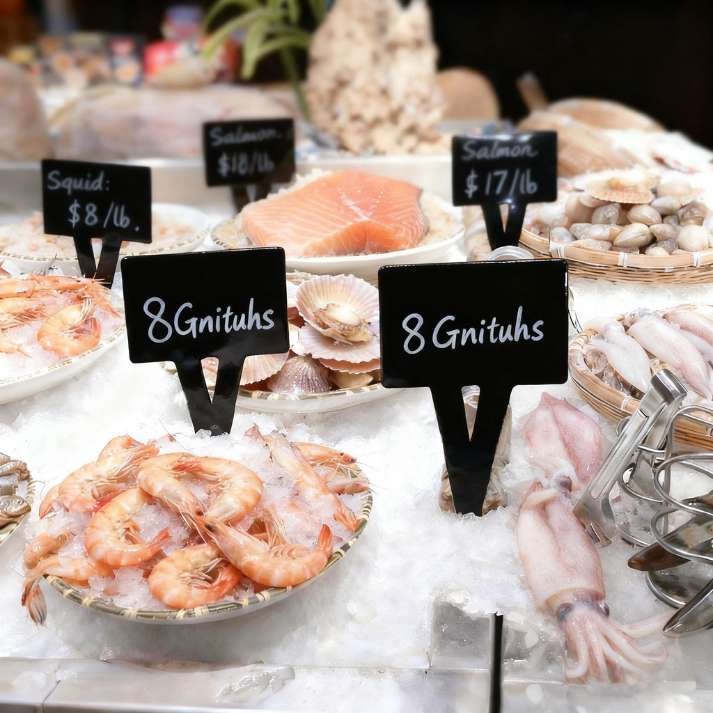 5Pcs Supermarket Aquatic Frozen Seafood Market Price Card Acrylic Black Ice Table Insert Label Clip Erasable Plug-in Label Display Rewritable Promotional Price Tag Waterproof Square Advertising Sign