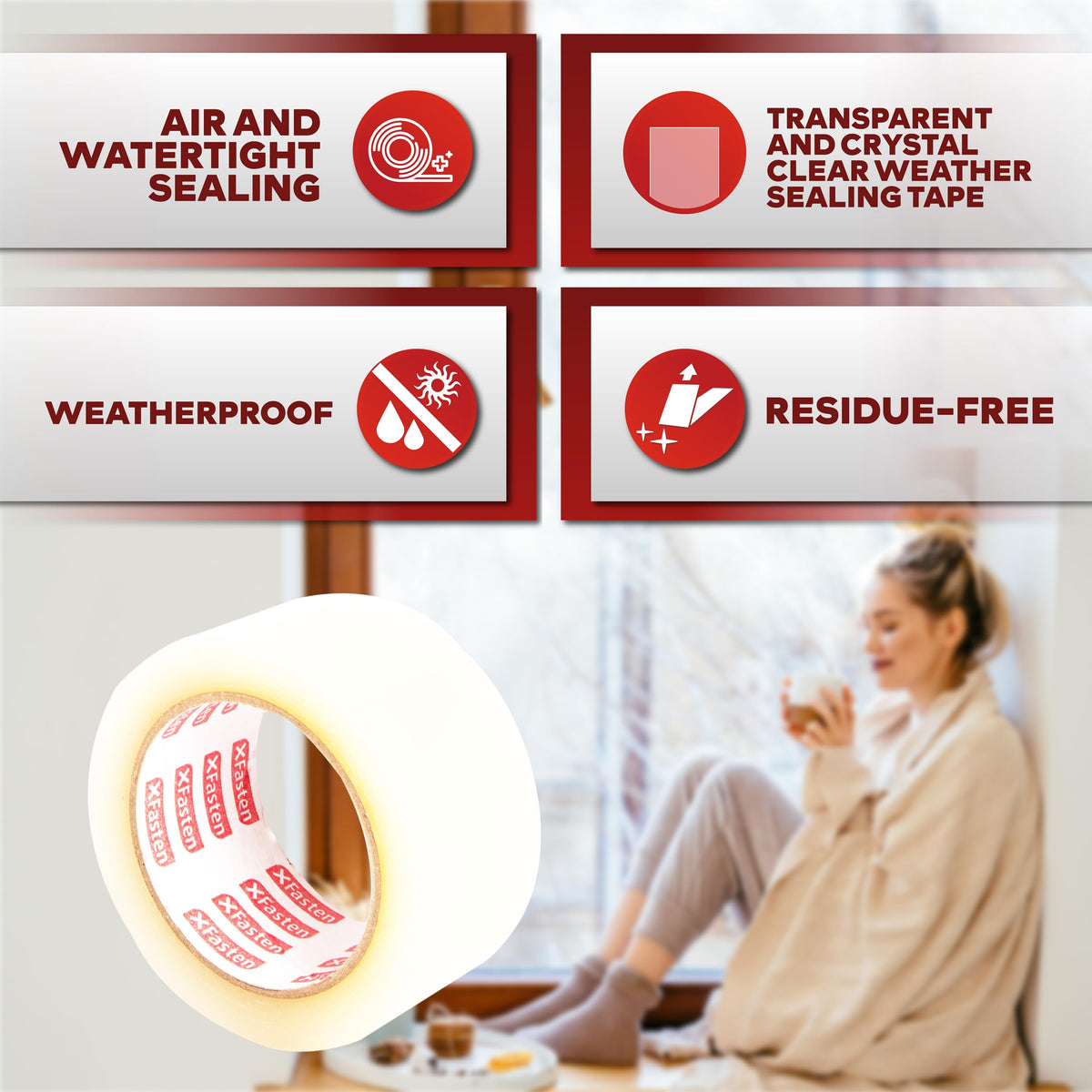 XFasten Transparent Window Weather Stripping Tape 2”x30yds (3-Pack Total 90yds), No Residue Insulation Tape for Windows and Doors, Winter Window Seal 2" x 30Yds 3PK Clear