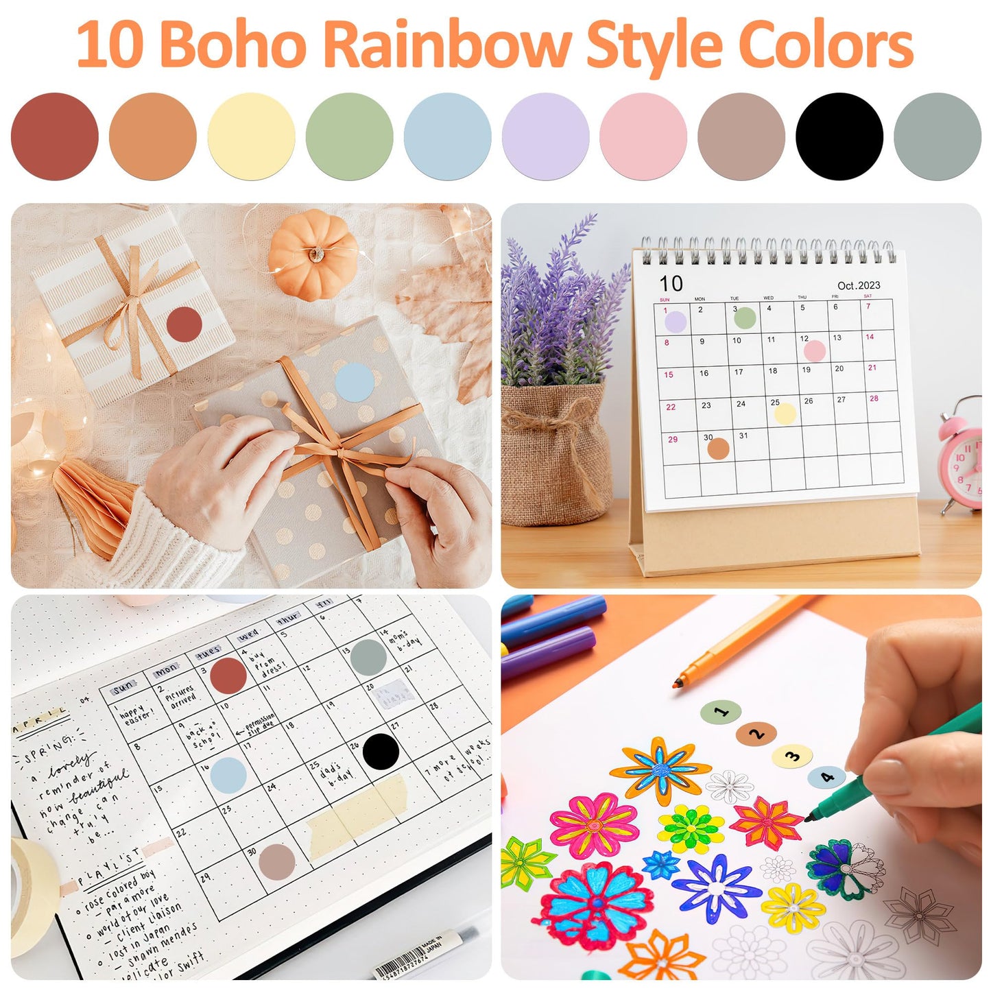 1400 Pcs Boho Rainbow Colored Dot Stickers, 3/4 Round Color Removable Coding Labels, 10 Boho Color Circle Lable Sticker for Office, Classroom