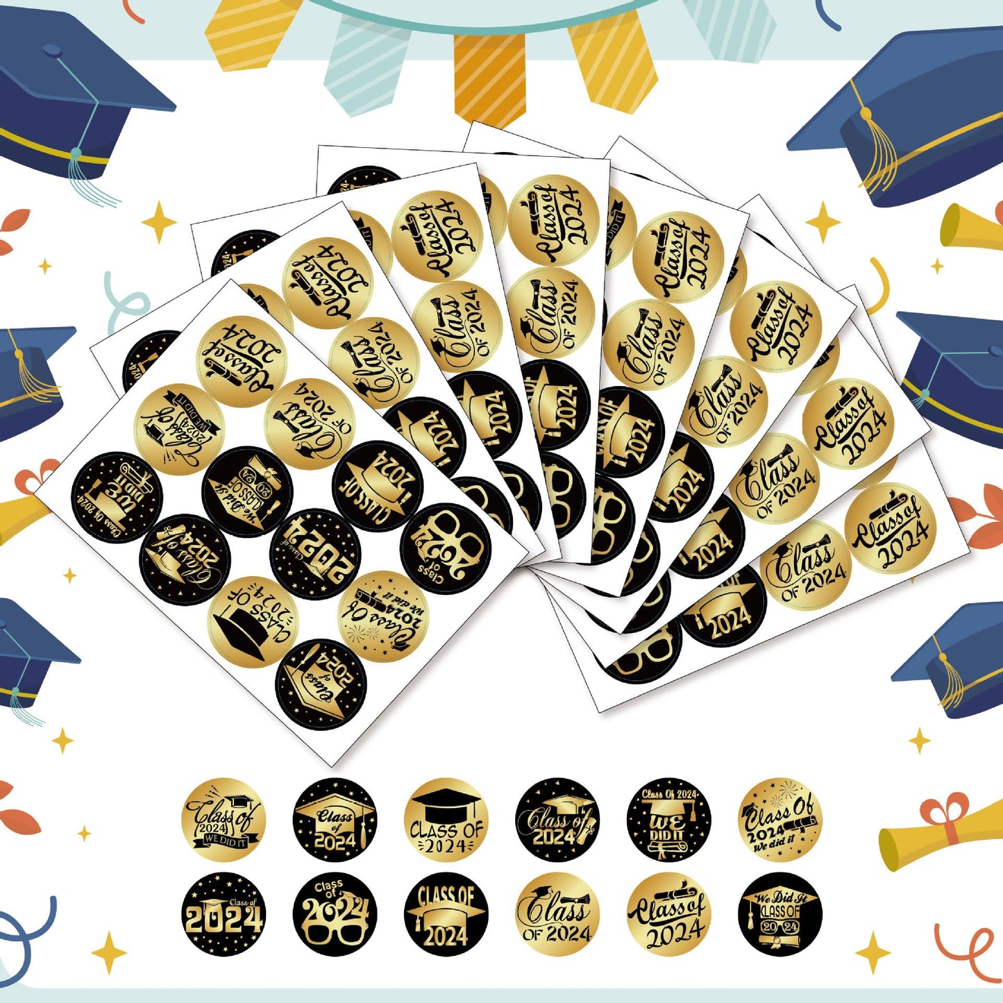 Graduation Stickers Labels, 240 Pcs, 1.5 Inches, 20 Sheets, 12 Patterns, for Envelopes, Gifts, Party Favors, Decorations