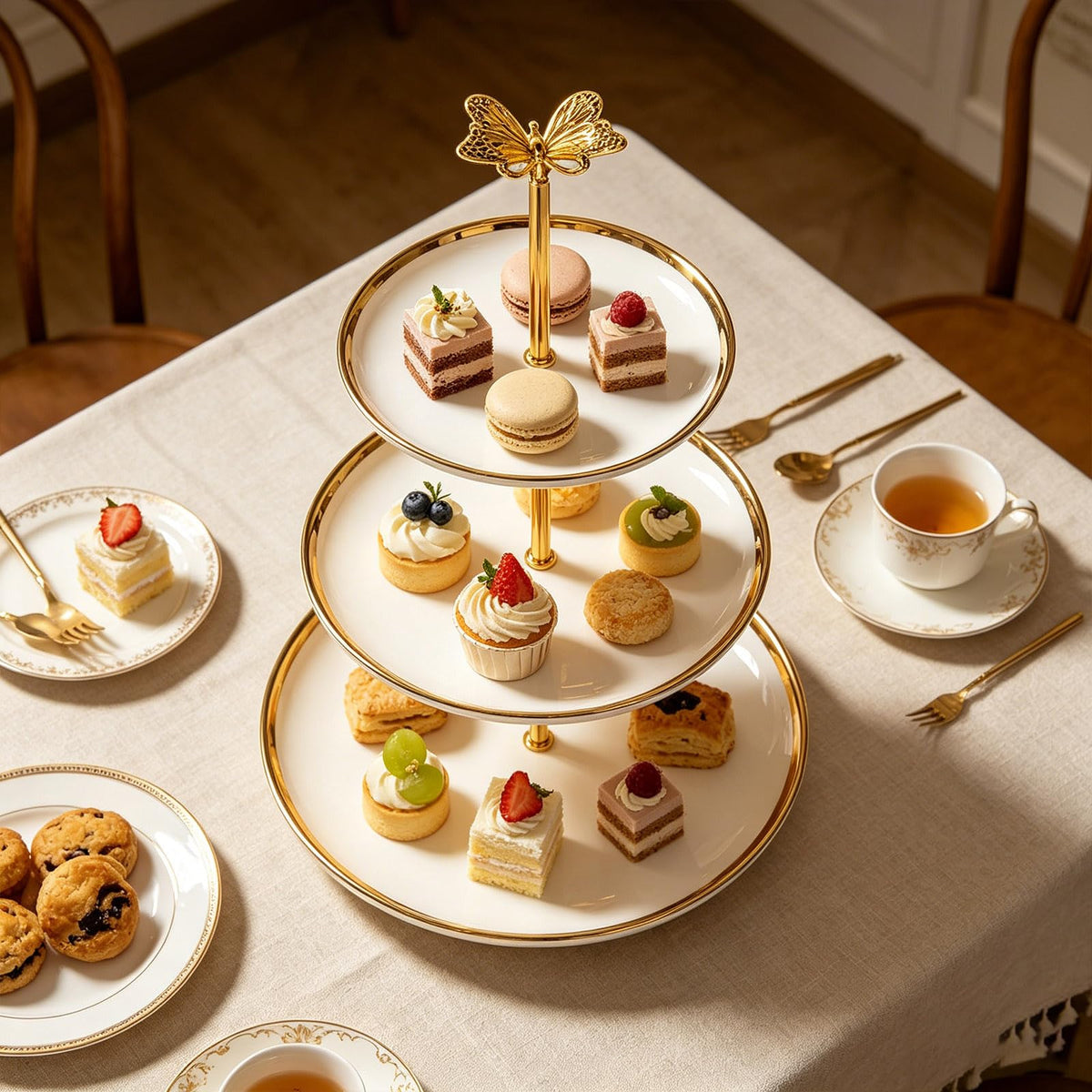 3 Sets of Zinc Alloy Cake Stand Hardware, Heavy Duty 3 Tiered Tray Hardware Kit, Butterfly Cake Plate Stand Handle Stacking Fittings Rod for Serving Dessert Cupcake Fruit Holder (Gold) Gold