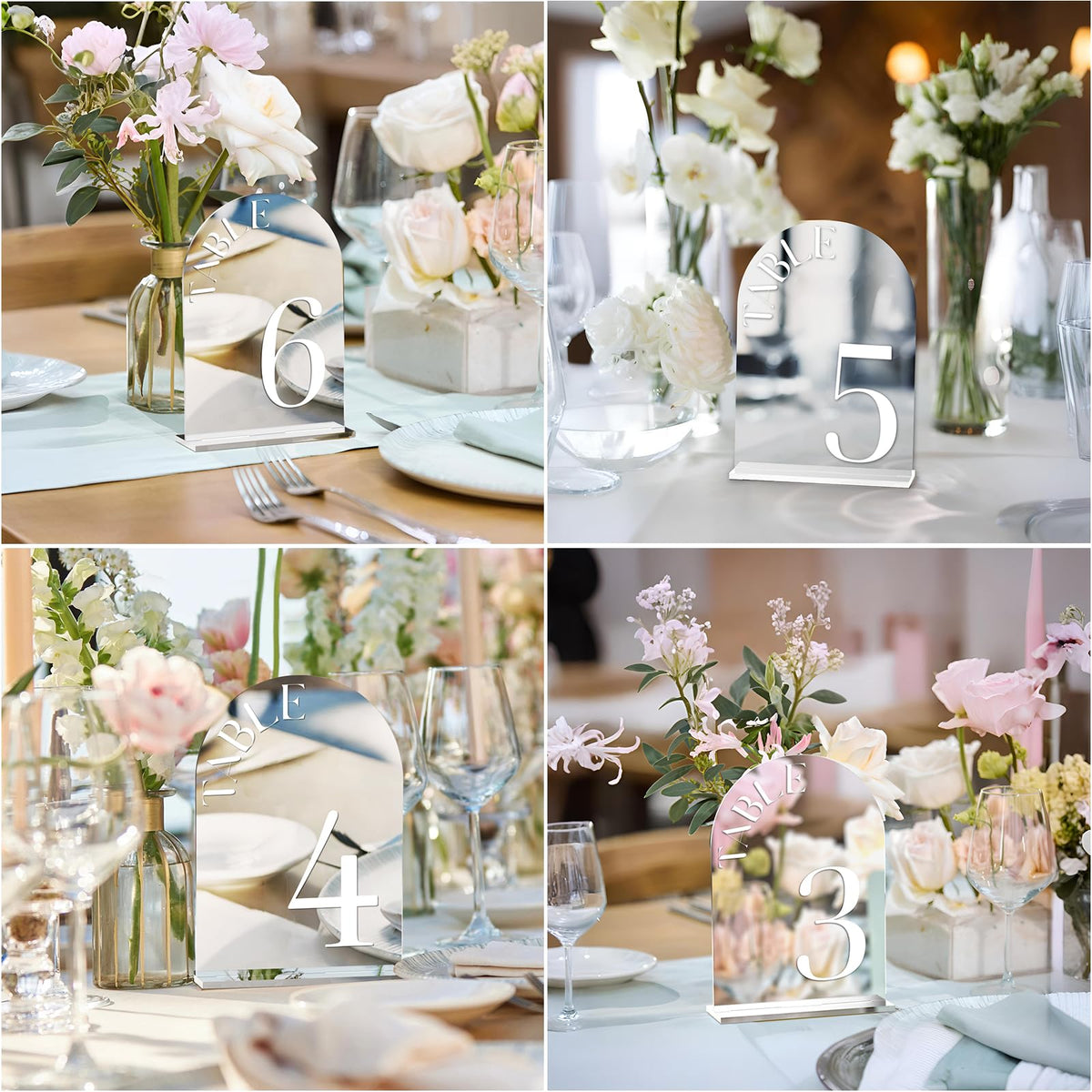 Silver Mirror Arched Table Numbers 1-15 with Stands 5"x7" Double-sided Font Silver