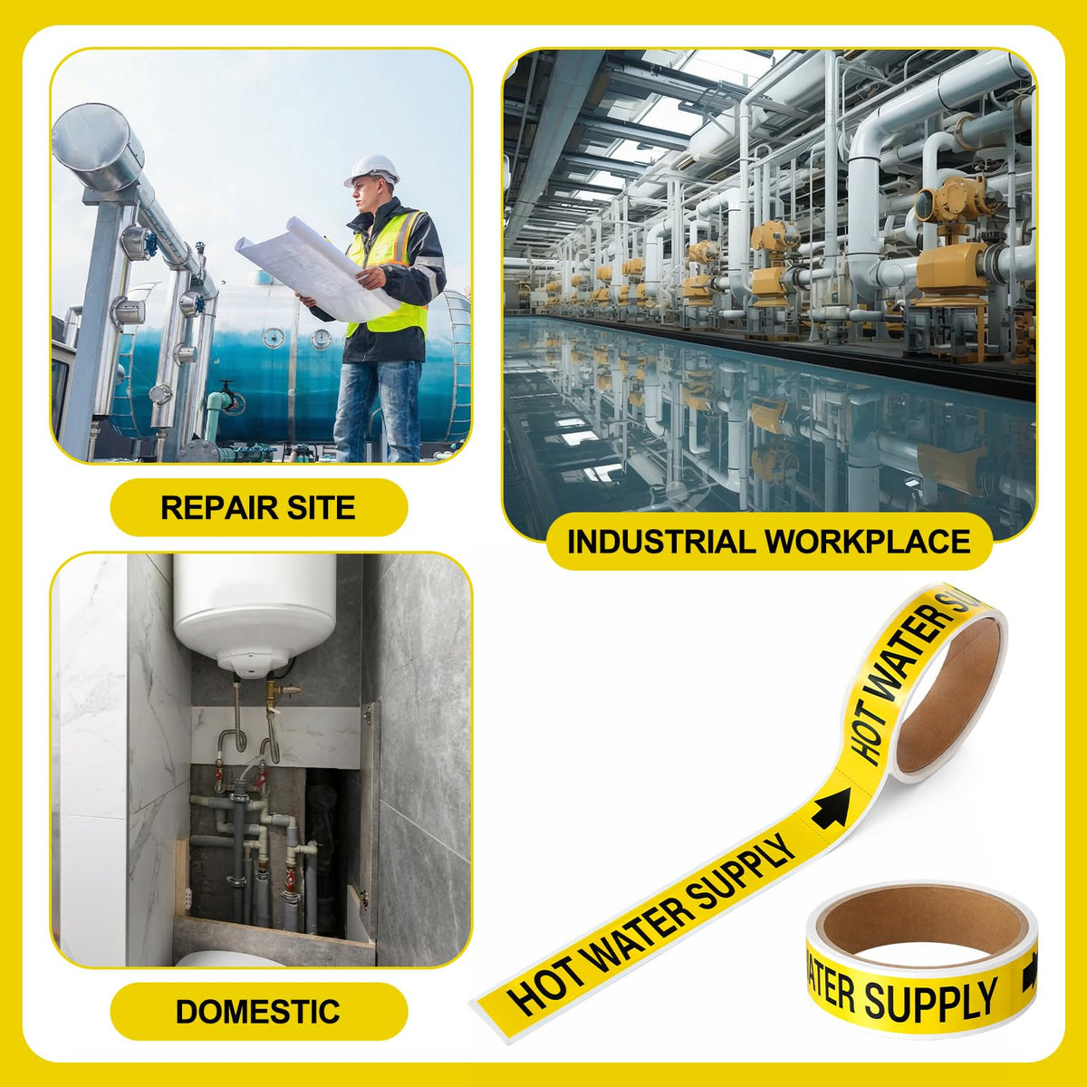 Fuyoooo 1 Roll Hot Water Supply Pipe Markers 1" Height x 8" Width Black on Yellow Hot Water Supply Pipe Self Adhesive Labels with Arrow Plastic Film Markers Stickers