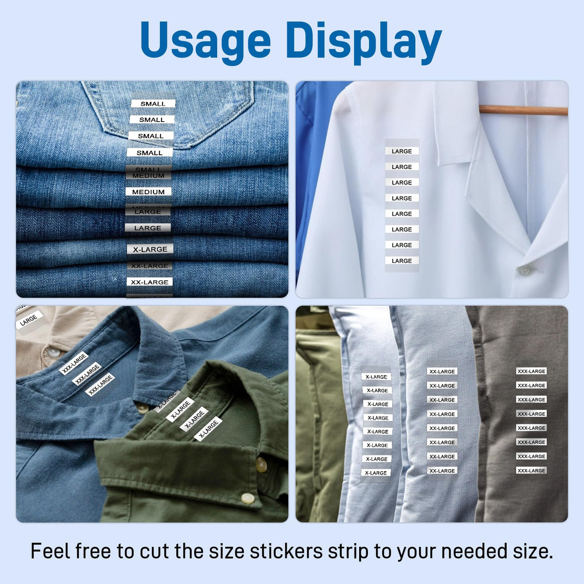 1.25"x5" 1750 Pcs Clear Tshirt Size Stickers Strips for Clothing, XS-XXXL 7 Rolls