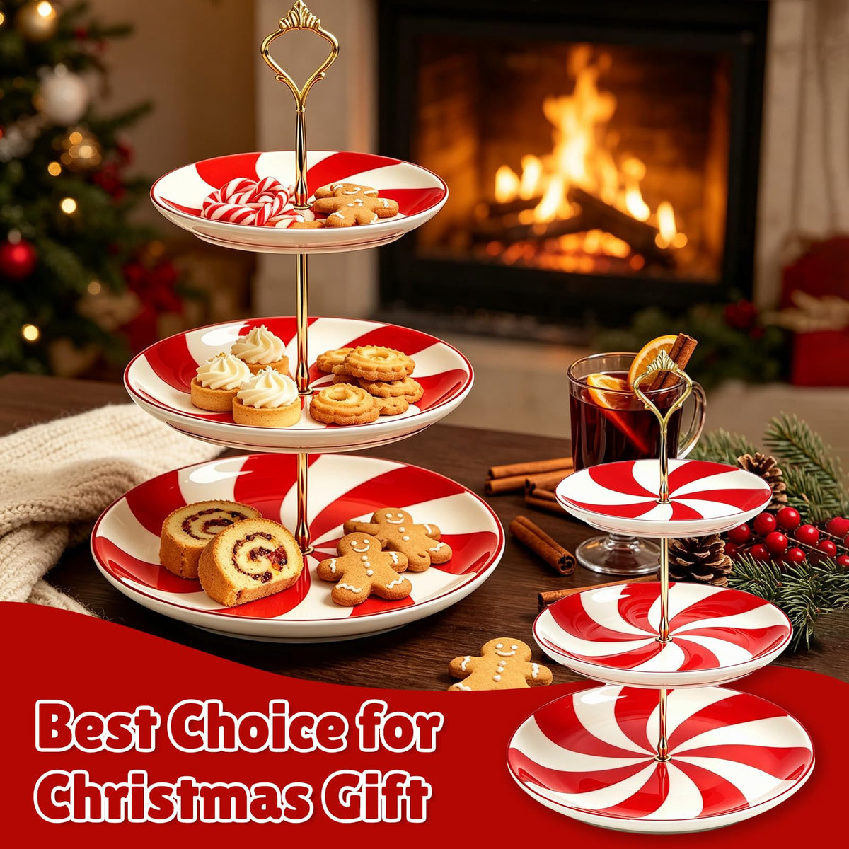 3 Tiers Christmas Peppermint Ceramic Cake Stand Dessert Tray